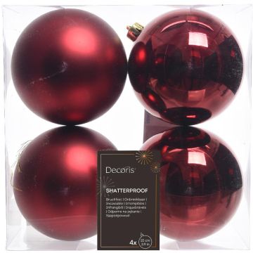 Decoris kunststof kerstbal mix ossenbloed 4 stuks
