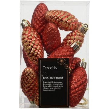 Decoris kunststof kerst ornament dennenappel 14cm kerstrood 12 stuks