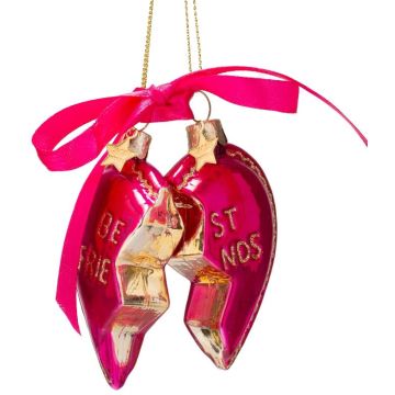 Vondels glazen kerstbal hart 'best friends' 8.5cm roze