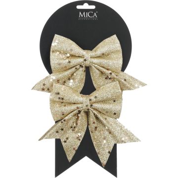 Mica Decorations kunststof kerst ornament strik 12cm champagne 2 stuks