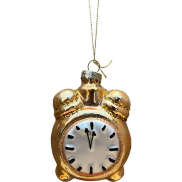 Glazen kerst ornament wekker 9.5cm goud