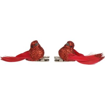 Decoris veer kerst ornament vogel 2.5cm kerstrood 4 stuks